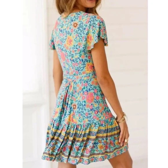 Mint Boho Floral Gypsy Short Sleeve Mini Dress - Picture 3 of 3